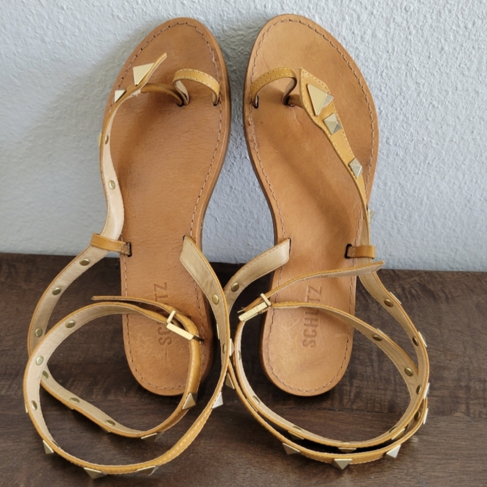 SCHUTZ Courtney Studded Gladiator Wrap Sandals 6.5 - Tan Leather - Picture 6 of 9